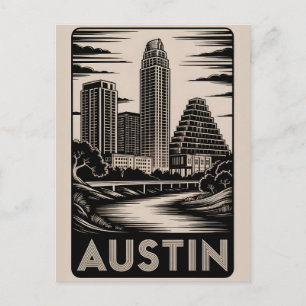 Cartes Pour Fêtes Annuelles Austin Texas Skyline Noir Blanc Gravure sur Bois