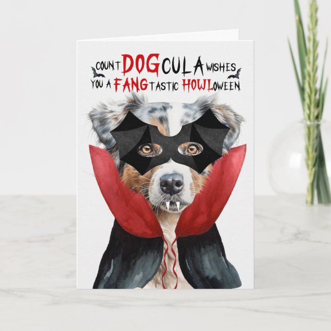 Cartes Pour Fêtes Annuelles Australian Shepherd Drôle comte DOGcula Halloween (Devant)