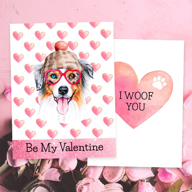 Cartes Pour Fêtes Annuelles Australian Shepherd I Woof You Dog Valentine's Day (Créateur téléchargé)