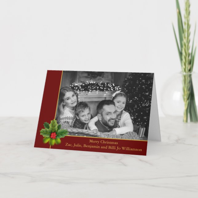 Cartes Pour Fêtes Annuelles Auto noir et blanc photo Holly Rouge Noël (Devant)