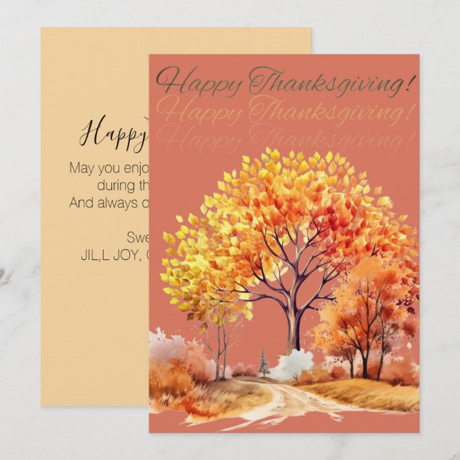 Cartes Pour Fêtes Annuelles Automne Automne Arbre Thanksgiving Orange (Devant / Derrière)