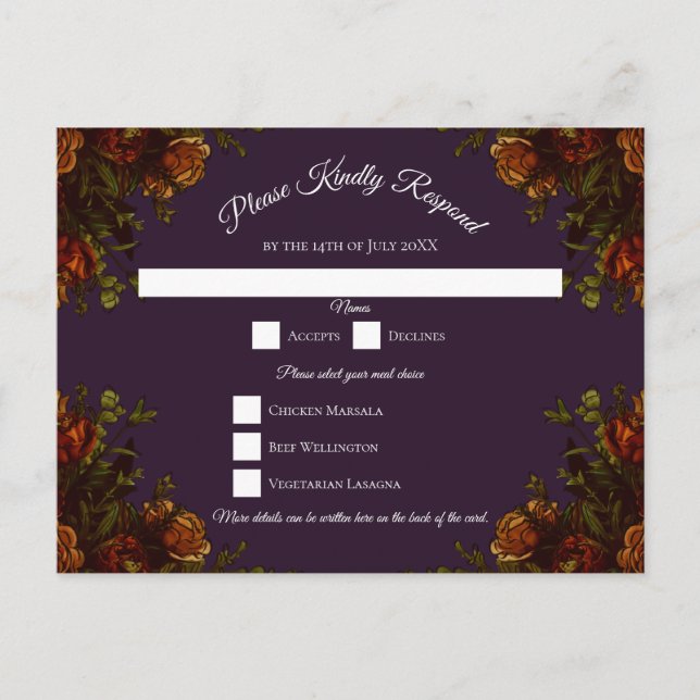 Cartes Pour Fêtes Annuelles Automne Violet Rustique Orange Mariage Élégant got (Devant)