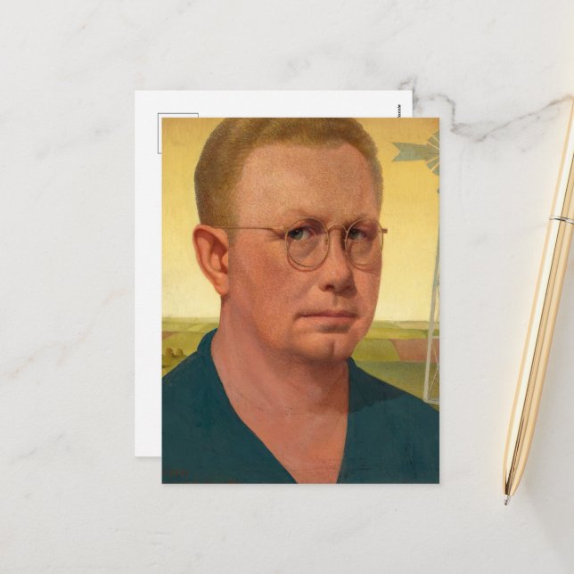 Cartes Pour Fêtes Annuelles Autoportrait par Grant Wood (Devant/Arrière en situation)
