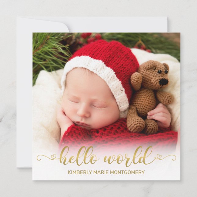 Cartes Pour Fêtes Annuelles Baby Birth Hello World Gold Script avec Coeurs Pho (Devant)