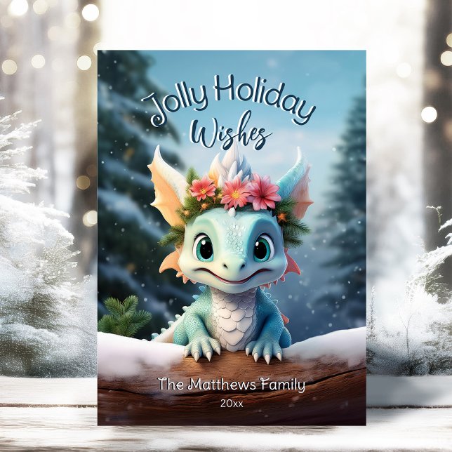 Cartes Pour Fêtes Annuelles Baby Dragon Snowy Enchanted Forest Noël (Adorable Winter Snowy Scene With Peeking Dogs or Farm/Woodland Animals - Over 50 to Choose From!)