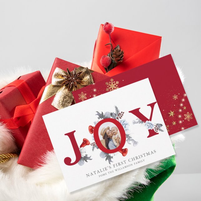 Cartes Pour Fêtes Annuelles Baby First Christmas Poinsettia Pine Floral Photo (Créateur téléchargé)