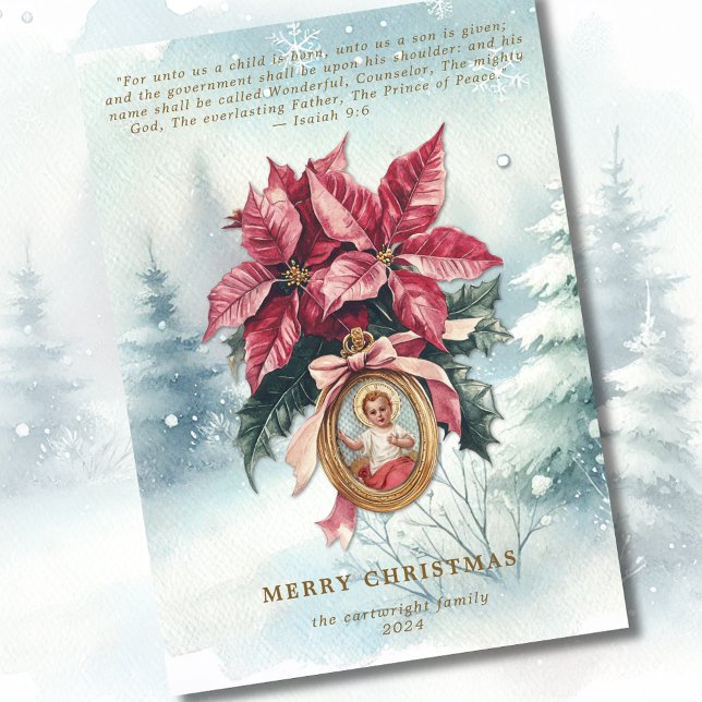Cartes Pour Fêtes Annuelles Baby Jesus Poinsettia Aquarelle Écriture (Créateur téléchargé)