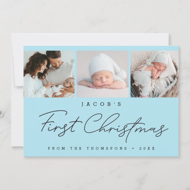 Cartes Pour Fêtes Annuelles Baby’s First Christmas Blue Photo Collage Modern (Devant)