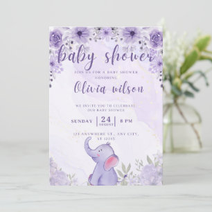 Cartes Pour Fêtes Annuelles baby shower d'invitation fleurs d'éléphants violet