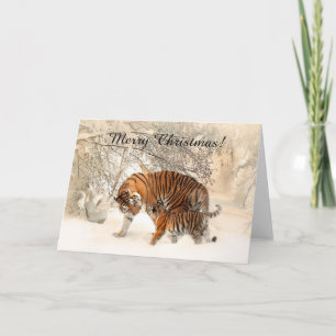 Cartes Pour Fêtes Annuelles Baby tiger and Tiger maman dans une forêt enneigée