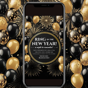 Cartes Pour Fêtes Annuelles Bague de la nouvelle année Black Gold Party Invita