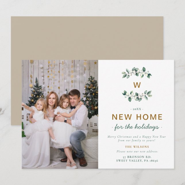 Cartes Pour Fêtes Annuelles Baies Blanches de Neige Famille Déplaçante Monogra (Devant / Derrière)