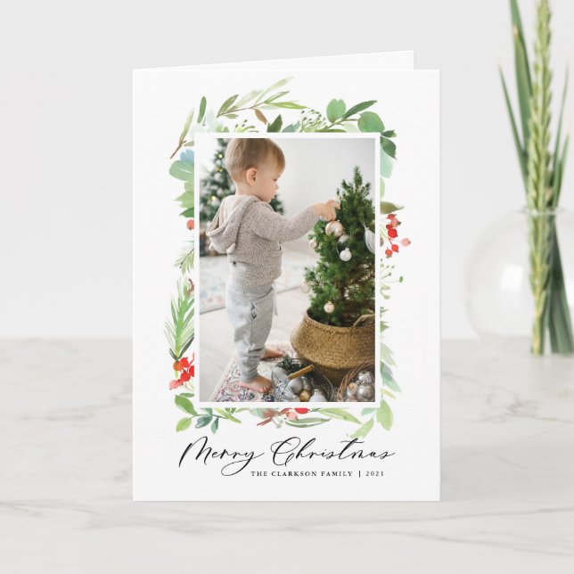 Cartes Pour Fêtes Annuelles Baies d'aquarelle et verdure Joyeux Noël (Devant)