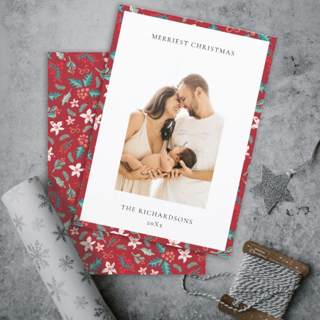 Cartes Pour Fêtes Annuelles Baies rouges Joyeux Noël Floral Motif Photo (Créateur téléchargé)
