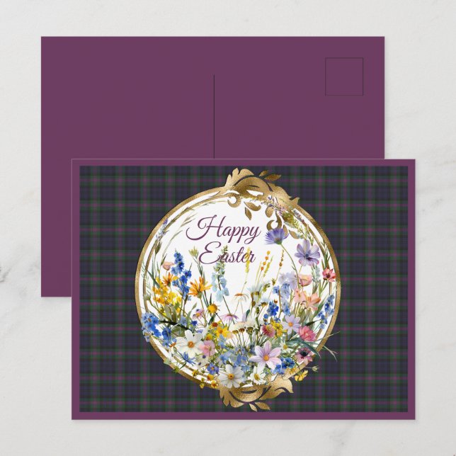 Cartes Pour Fêtes Annuelles Baird Patiné Scottish Tartan Pâques Floral (Devant / Derrière)