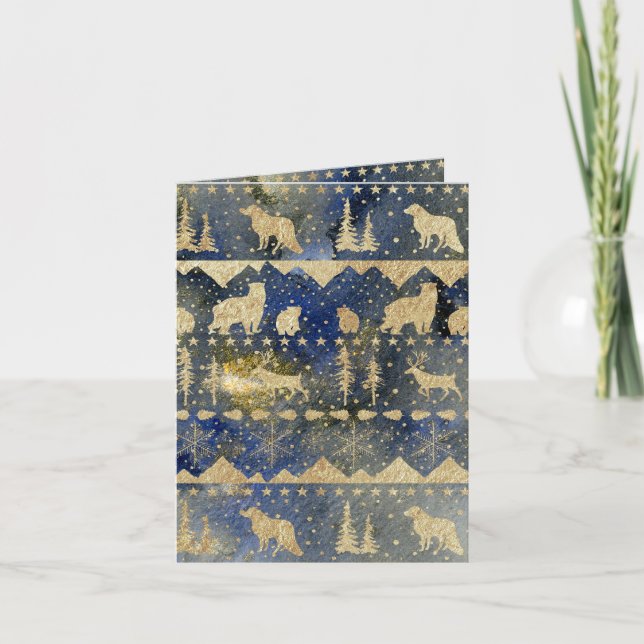 Cartes Pour Fêtes Annuelles Balayage nordique Gold Hiver Animaux Soirée Dusk (Devant)