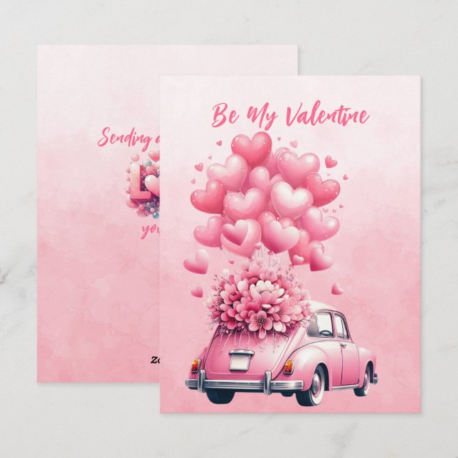 Cartes Pour Fêtes Annuelles Ballons coeurs roses voiture en rose  (Devant / Derrière)