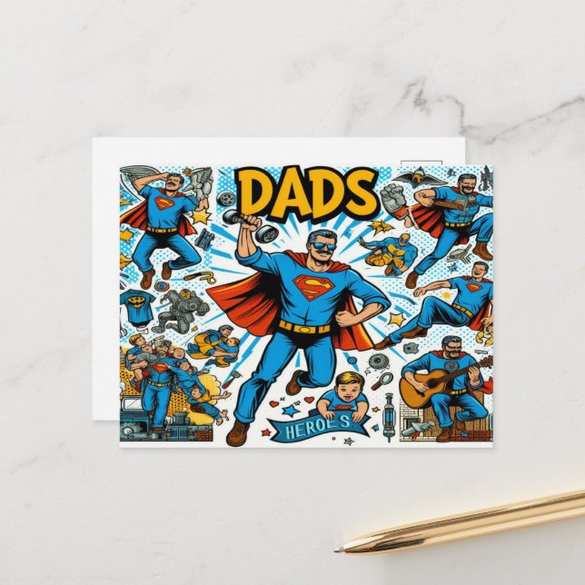 Cartes Pour Fêtes Annuelles Bande dessinée Superhero Papa (Devant/Arrière en situation)