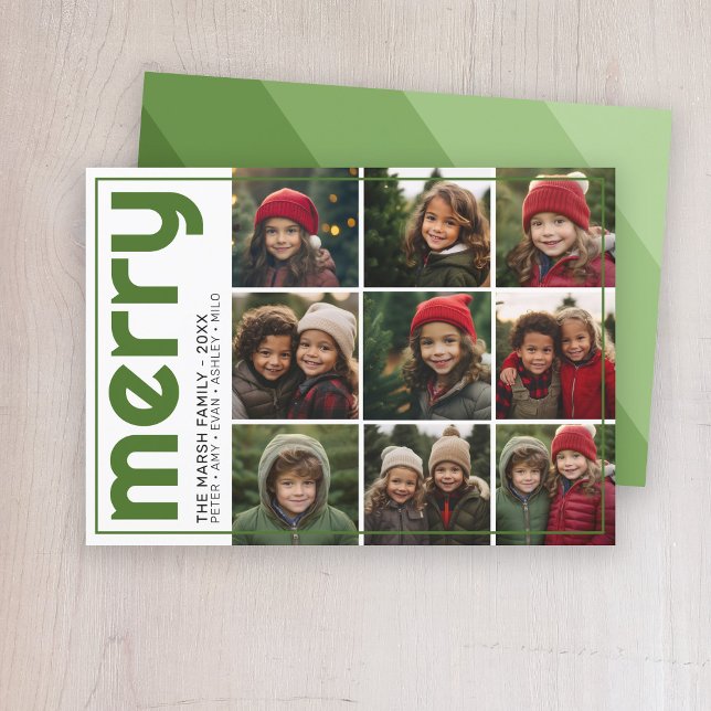 Cartes Pour Fêtes Annuelles Bande rétro - Joyeux - 9 Photo vert monochromatiqu (Retro Stripe Christmas Card with 9 Photos)