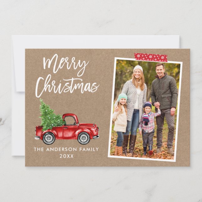 Cartes Pour Fêtes Annuelles Bande rouge Script de bande Camion Kraft Noël (Devant)