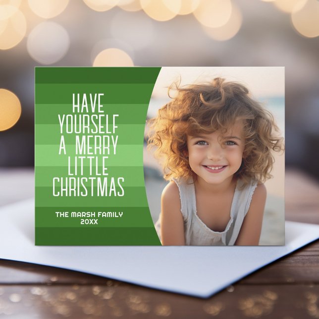 Cartes Pour Fêtes Annuelles Bandes rétro avec photo courbe - Vert de Noël (Simple, retro modern design with shades of green and a Christmas greeting - 1 vertical photo)