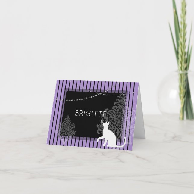 Cartes Pour Fêtes Annuelles Bandes violettes et noires, et chat blanc (Devant)