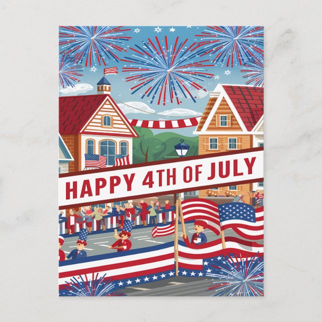 Cartes Pour Fêtes Annuelles Bannière de juillet au milieu des feux d'artifice  (Devant)