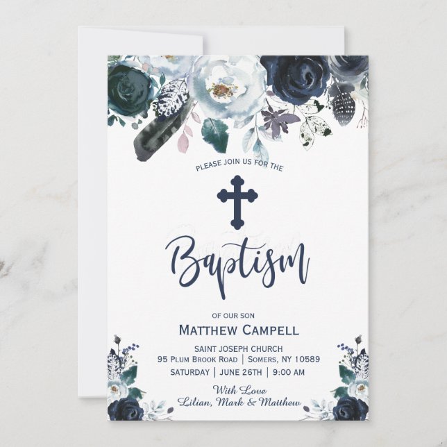 Cartes Pour Fêtes Annuelles Baptême Floral Rose de la Marine (Devant)