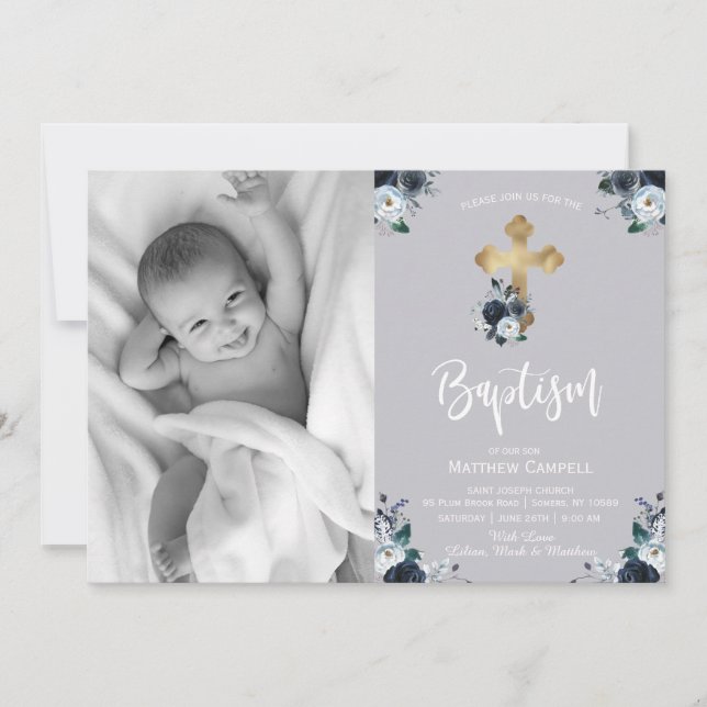 Cartes Pour Fêtes Annuelles Baptême Floral Rose de la Marine (Devant)