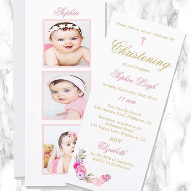 Cartes Pour Fêtes Annuelles Baptême ou baptême Photo rose florale (Créateur téléchargé)