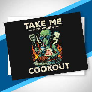Cartes Pour Fêtes Annuelles Barbecue drôle d'alien rétro grillades dans l'espa