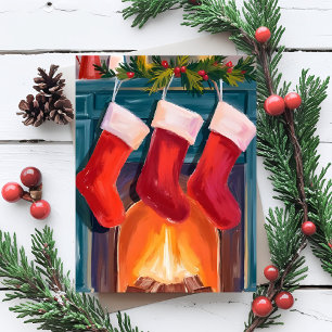 Cartes Pour Fêtes Annuelles Bas de Noël rouges cheminée aquarelle