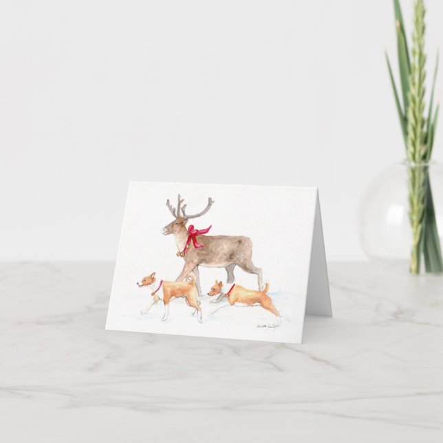 Cartes Pour Fêtes Annuelles Basenji & Reindeer Jouer Art Christmas Card (Devant)