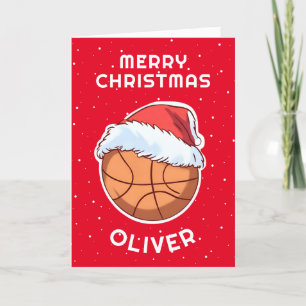 Cartes Pour Fêtes Annuelles Basket Ball Rouge Père Noël Nom de l'enfant
