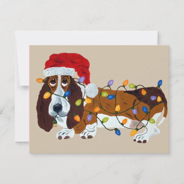 Cartes Pour Fêtes Annuelles Basset embrouillé dans des lumières de Noël (Devant)