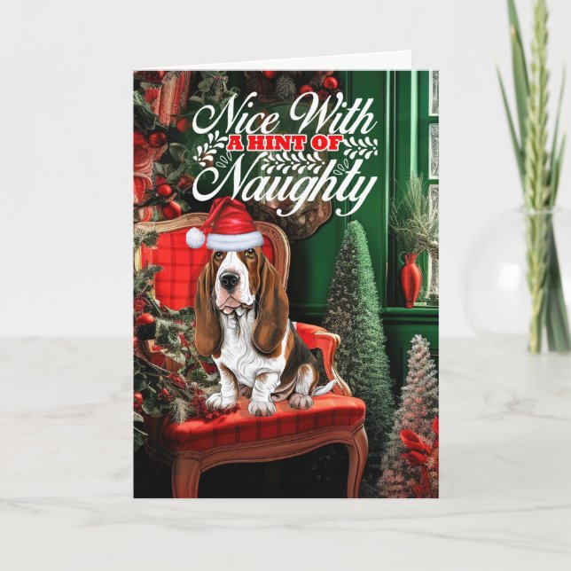 Cartes Pour Fêtes Annuelles Basset Hound Chien de Noël Naughty ou Nice (Devant)