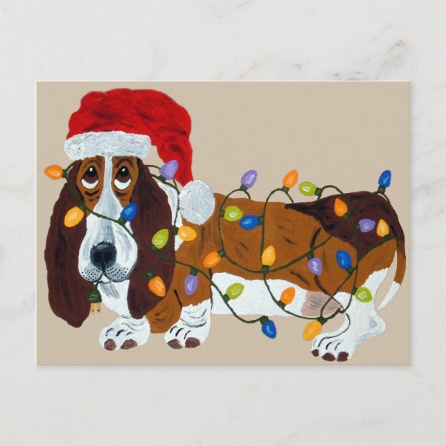 Cartes Pour Fêtes Annuelles Basset Tangé Dans Les Lumières De Noël (Devant)