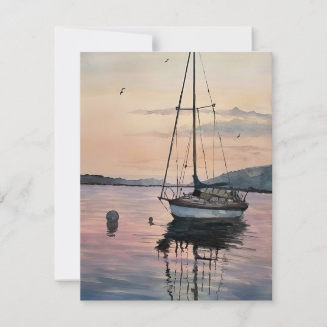 Cartes Pour Fêtes Annuelles Bateau À Voilier À Sunset Watercolor (Devant)