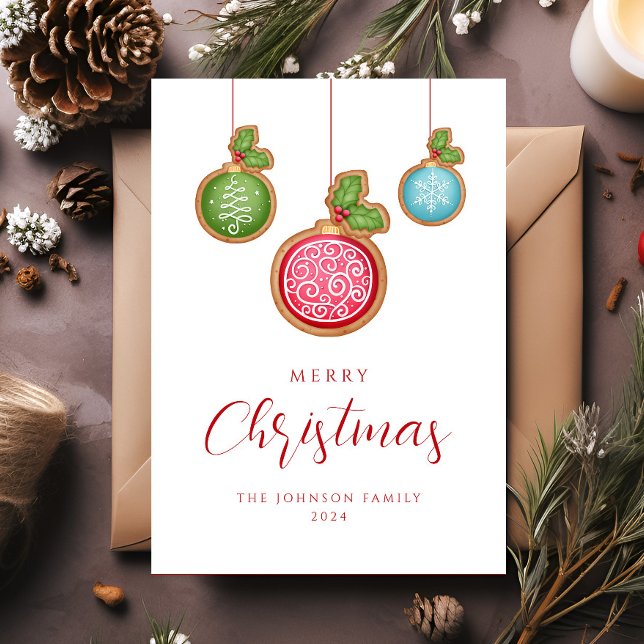 Cartes Pour Fêtes Annuelles Baubles de Noël Rouge Festif (Elegant Script Christmas Baubles Holiday Card)