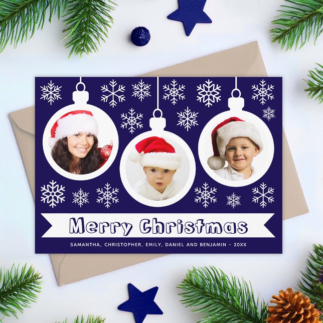 Cartes Pour Fêtes Annuelles Baubles Photo Collage Merry Christmas Blue & White (Créateur téléchargé)