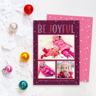 Cartes Pour Fêtes Annuelles Be Joyful Modern Bourgogne Pink Photo Collage
