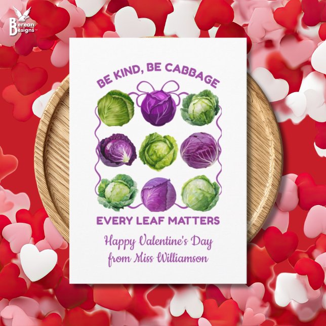 Cartes Pour Fêtes Annuelles BE KIND CABBAGE Inclusive Teacher Class Valentine (BE KIND, BE CABBAGE Class Valentine Inclusive Teacher card with personalized teacher name.)