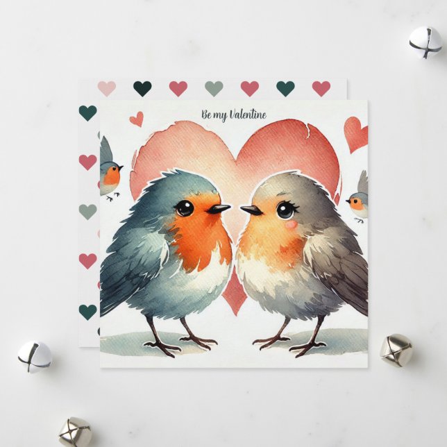 Cartes Pour Fêtes Annuelles "Be My Valentine" Aquarelle Robin Coeurs (Devant/Arrière en situation)
