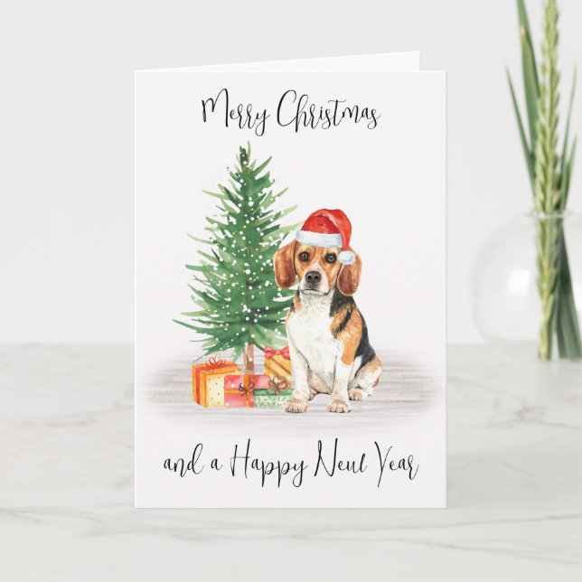Cartes Pour Fêtes Annuelles Beagle Joyeux Noël Festif Père Noël Chien (Devant)