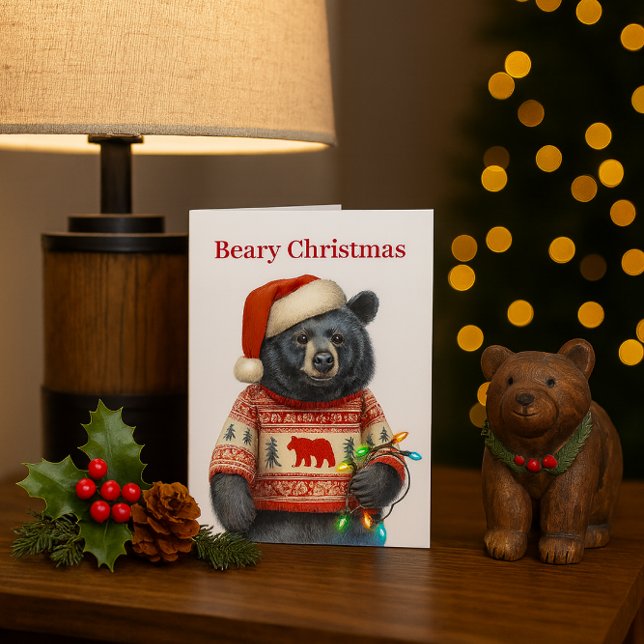 Cartes Pour Fêtes Annuelles Beary Merry Christmas Holiday Card (Beary Christmas card with cute black bear in sweater, Santa hat, and lights kids holiday card design)