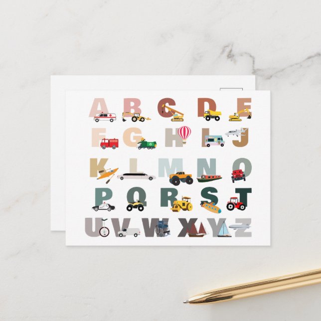 Cartes Pour Fêtes Annuelles Beau Alphabet ABC Camions, Véhicules de transport (Devant/Arrière en situation)