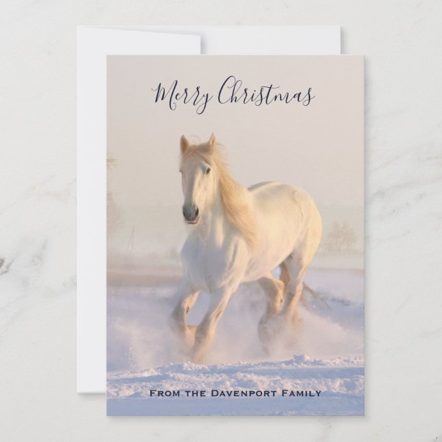 Cartes Pour Fêtes Annuelles Beau Cheval blanc dans la neige Photo Noël (Devant)