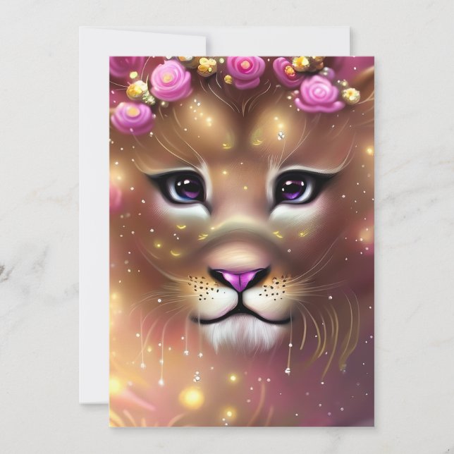 Cartes Pour Fêtes Annuelles Beau Imaginaire Whimsical Lion fille (Devant)