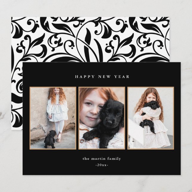 Cartes Pour Fêtes Annuelles Beau noir et blanc Trois photos Nouvel An (Devant / Derrière)