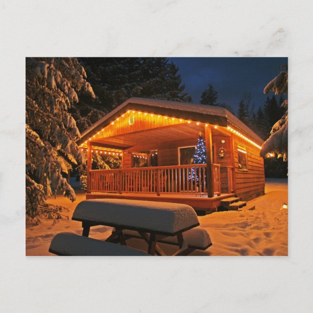 Cartes Pour Fêtes Annuelles Beautiful Christmas Lights on Log Cabin à Snow (Devant)